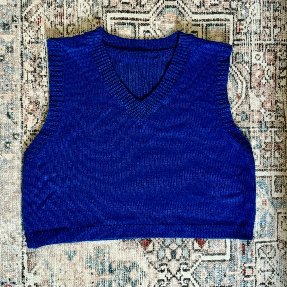 Blue Crop V Neck Knit Top